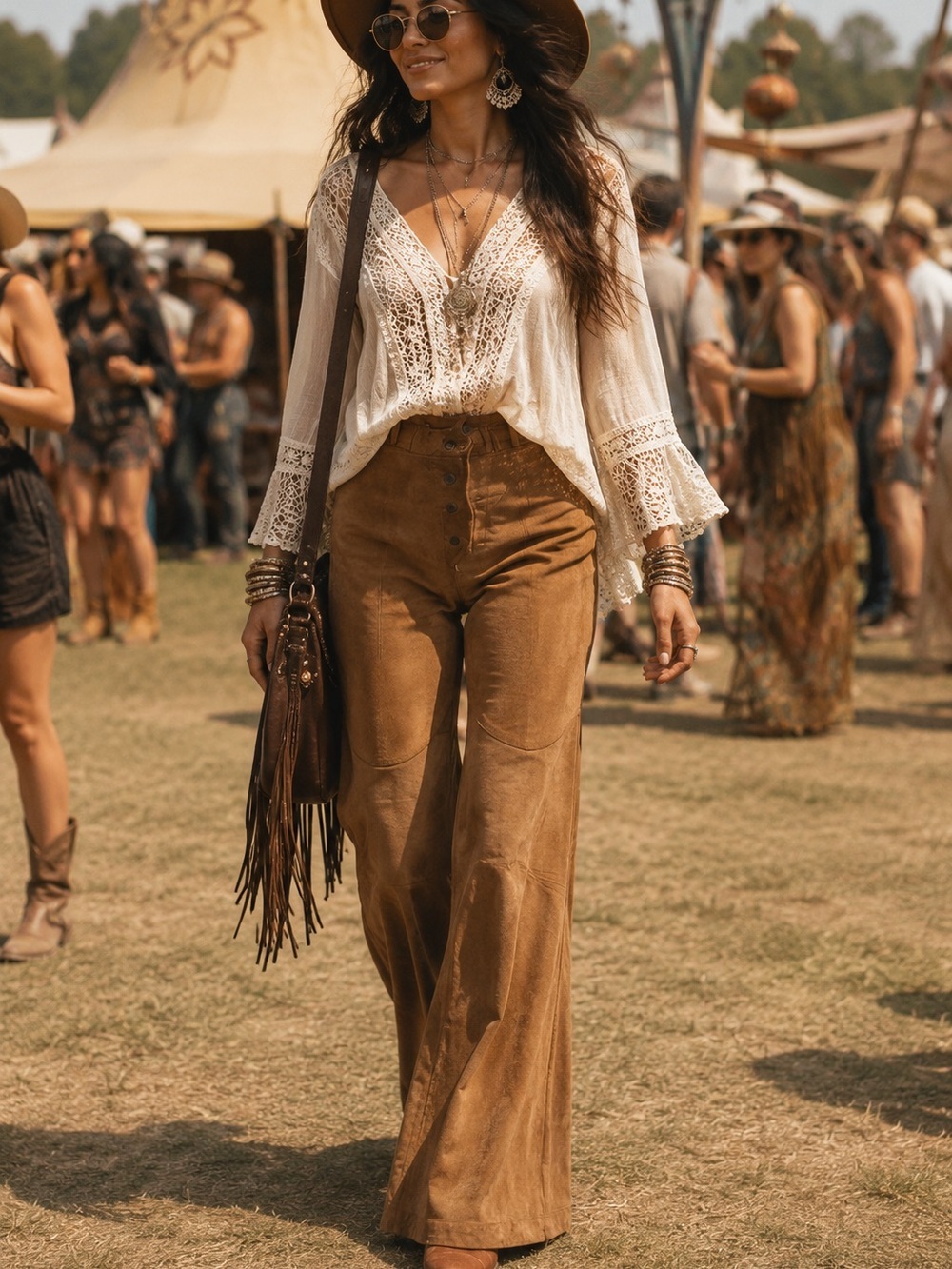 Vintage Brown Suede High Waisted Flare Pants Bell Bottom Boho Western Festival